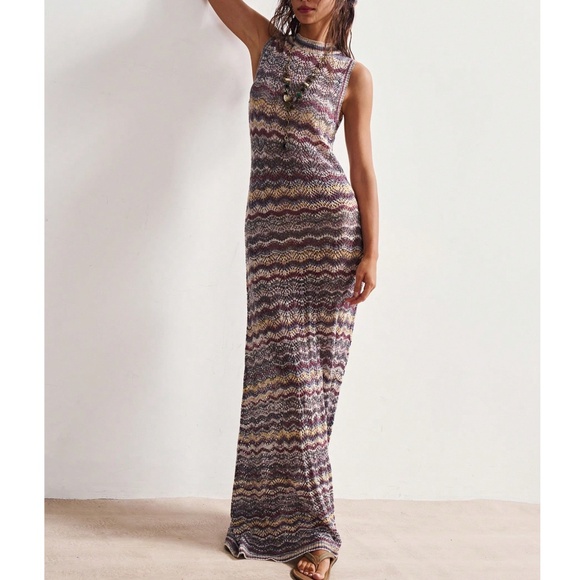 Boho Striped Color Block Knit Fitted Sleeveless Maxi Dress - Picture 5 of 6